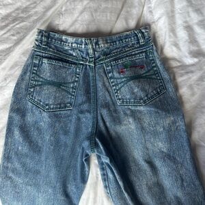 Vintage light wash high waisted jeans with red and green stitching, size 30